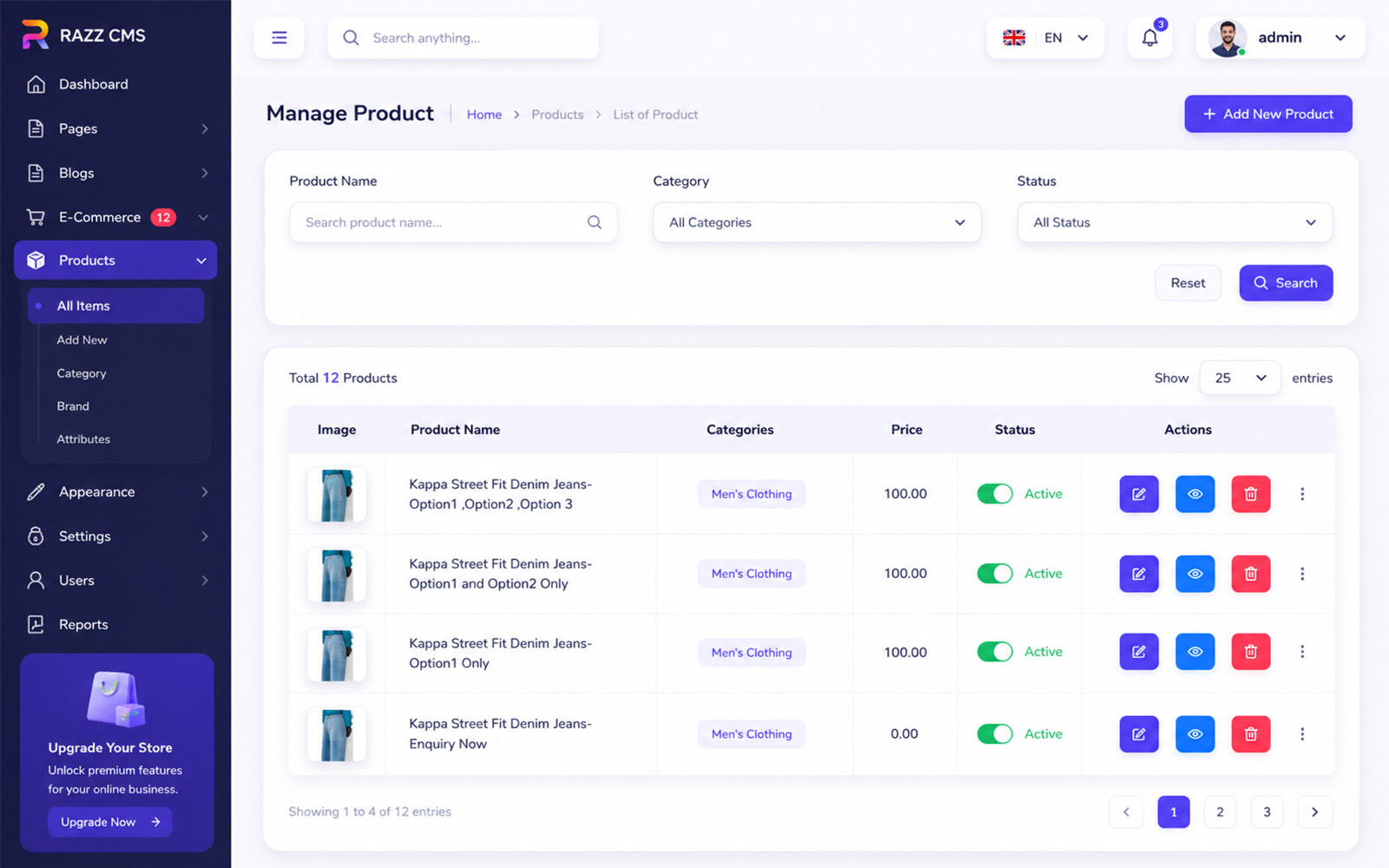 E-commerce product management dashboard