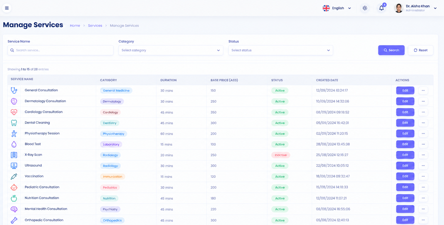 BerryCRM services management screen